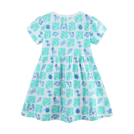 Summer Arrival Marine Animals Pattern Short Sleeves Dress for Stylish Girls