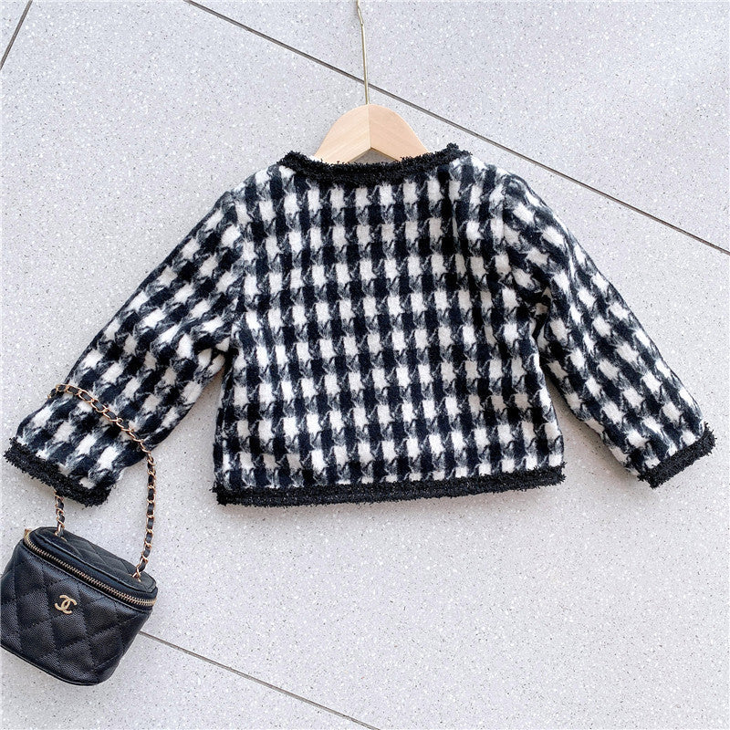 Girls Houndstooth Pattern Single Breasted Cardigan&Skirt Elegant Style Sets