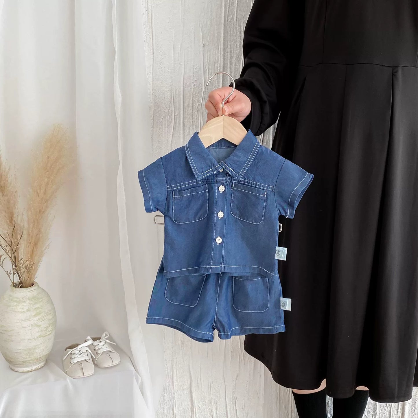 Summer Hot Selling Baby Kids Boys Short Sleeves Denim Single Breasted Top and Shorts Clothing Set