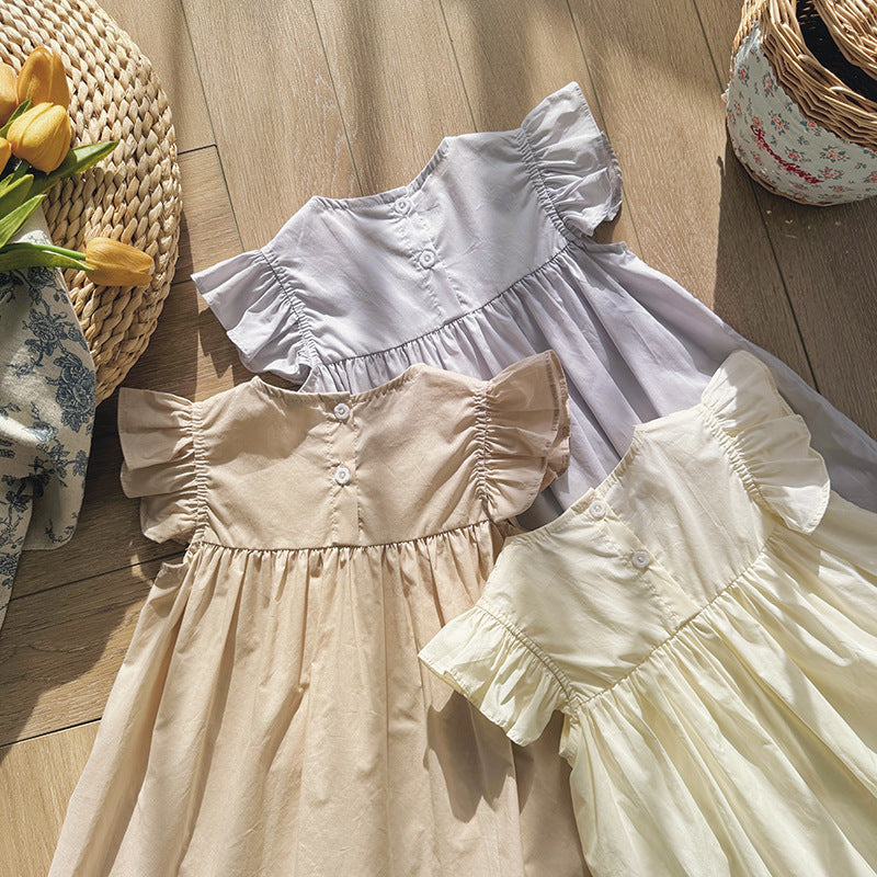 Summer Arrival Kids Girls Fly Sleeves Solid Color Pleated Dress