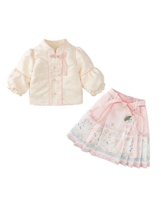 Autumn Arrival Baby Girls Simple Stand Collar Top and Rabbits Pattern Skirt Clothing Set