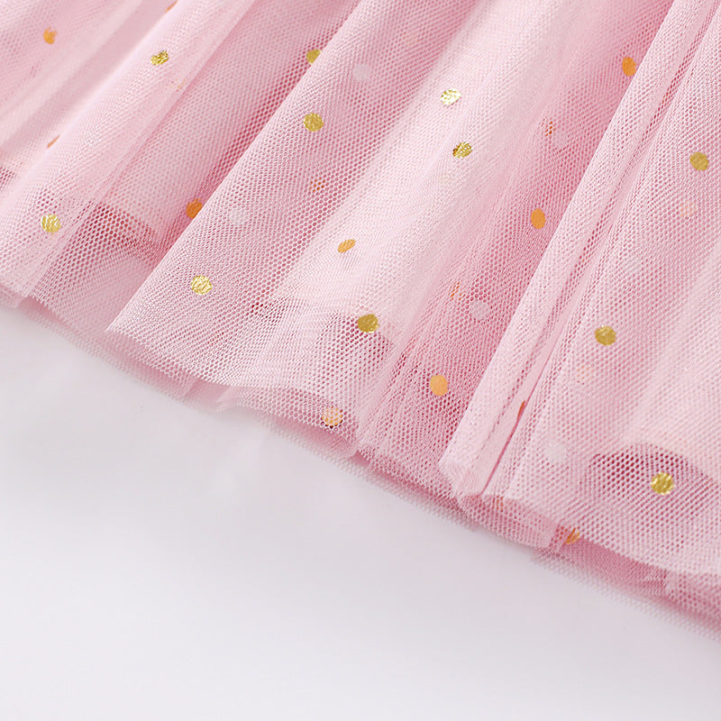 Summer Arrival Polka Dots Pattern Short Sleeves Tulle Patchwork Dress for Stylish Girls
