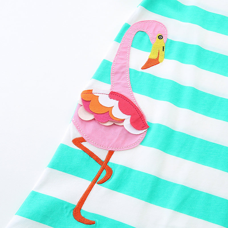 Summer Arrival Cotton Animals Pattern Short Sleeves Striped Dress for Stylish Girls