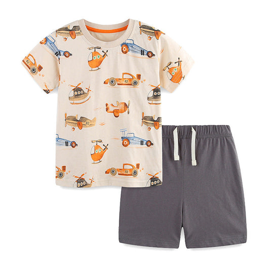 Summer Baby Kids Racing Cars and Planes Cartoon Pattern T-shirt and Shorts Clothing Set for Boys