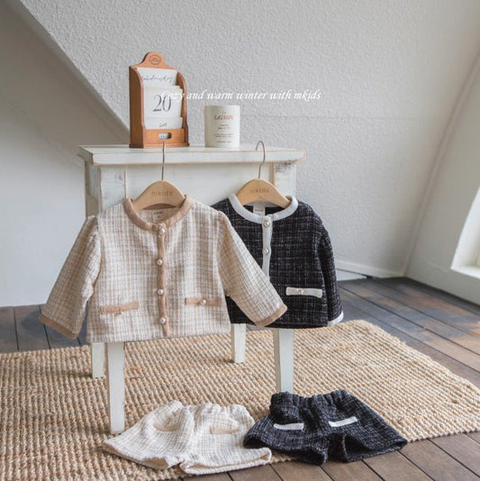Spring Baby Kids Girls Plaid Cardigan And Shorts Clothing Set