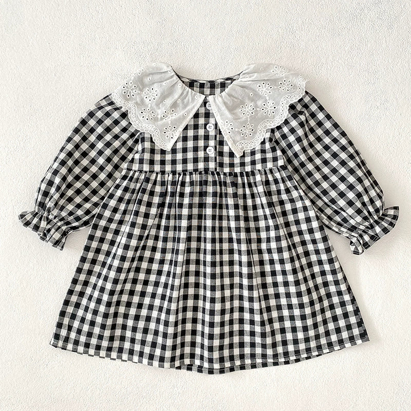 Autumn Baby Girls French-style Flowers Pattern Collar Long Sleeves Plaid Onesies and Dress – Princess Sister Matching Set