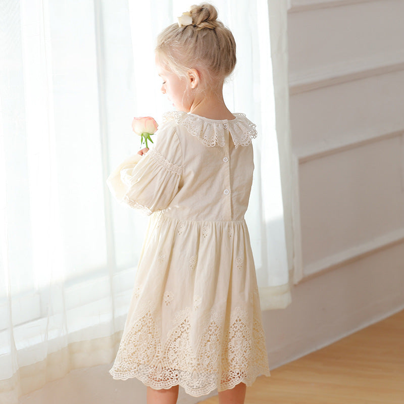 Spring and Autumn Solid Color Long-sleeved Dress with Lace Collar for Stylish Girls