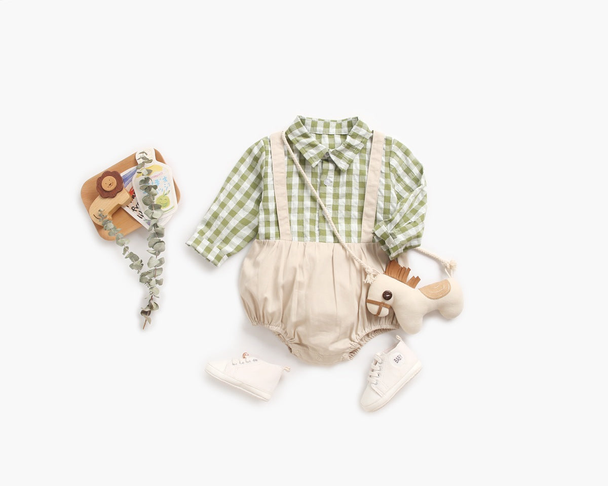 Baby Boy Plaid Pattern False One Pieces Design Lapel Bodysuit Onesies
