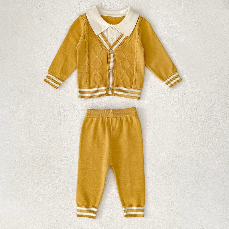 Arrival Autumn Baby Unisex Long Sleeves Color Patchwork Striped Pattern Knitted Top Cardigan and Long Trousers Clothing Set