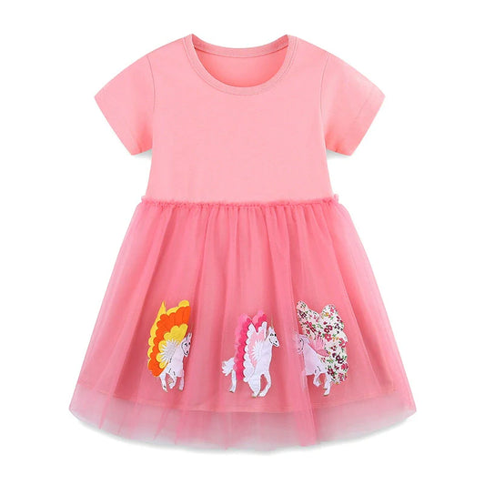 Summer Arrival Cotton Animals Pattern Tulle Patchwork Short Sleeves Dress for Stylish Girls