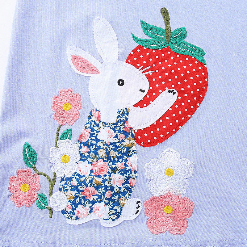 Summer Arrival Rabbit and Strawberry Cartoon Pattern Short Sleeves Dress for Stylish Girls