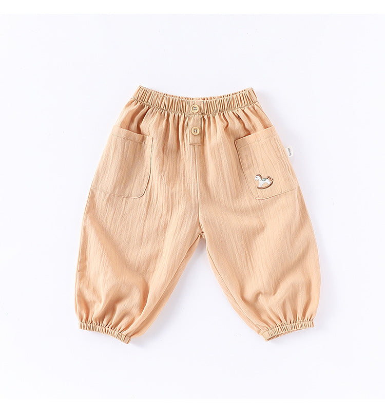 Children’s Summer Breathable Simple Logo Embroidered Pocketed Fashion Casual Pants – Home Trousers