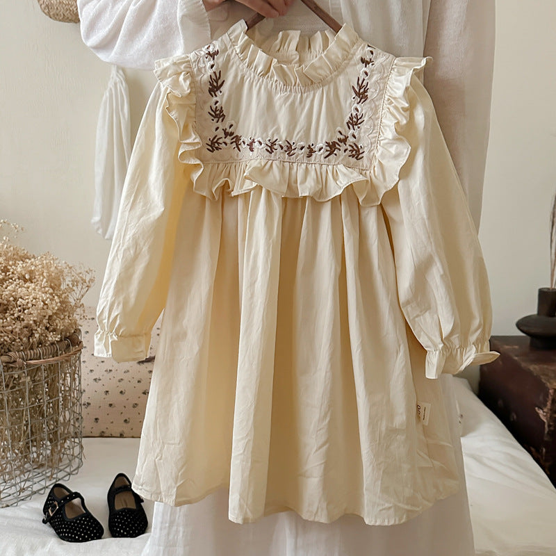 Arrival Autumn Girls Vines Pattern Embroidery French Style Ruffle Dress