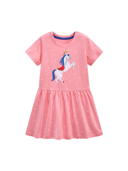 Baby Kids Girls Unicorn Pattern Short Sleeves White Stars Dress