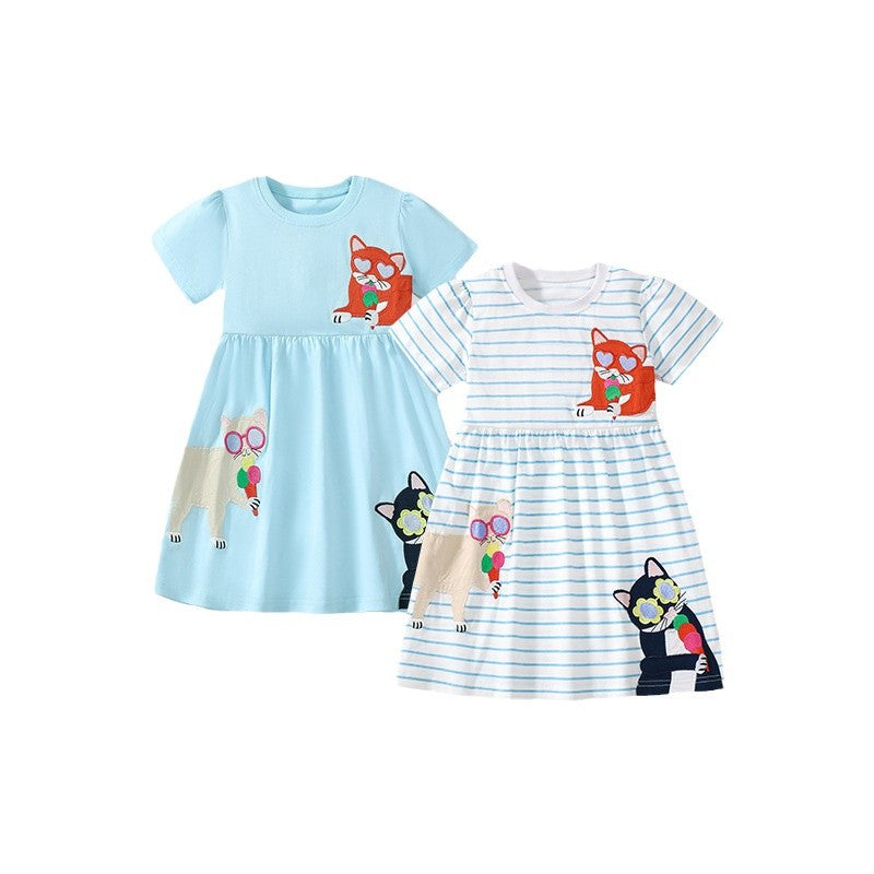 Summer Pure Cotton Animals Cartoon Pattern Short Sleeves Dress for Stylish Girls