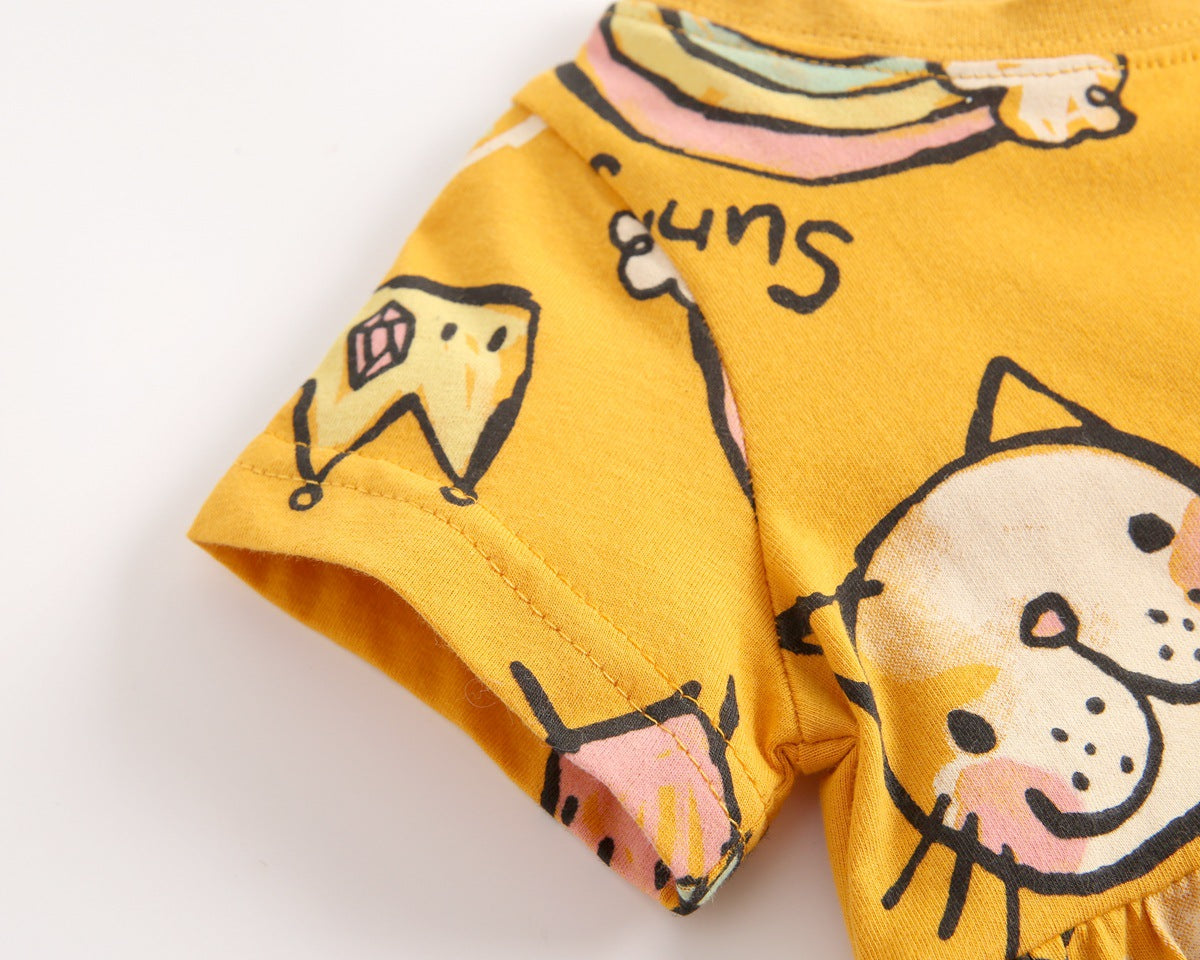 Baby Girls Cartoon Print Short-Sleeved O-Neck Dress In Summer