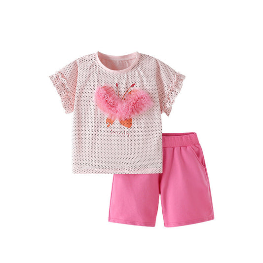 Summer Baby Kids Heart Shaped Butterfly Pattern Top and Pink Shorts Clothing Set for Girls