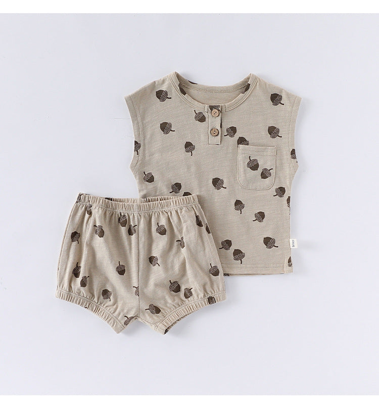 Summer Arrival Baby Unisex Sleeveless Fruits Pattern Top Vest and Shorts Clothing Sets