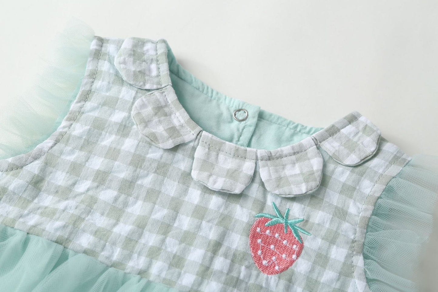 Baby Girl Plaid Graphic Strawberry Embroidery Mesh Overlay Floral Neck Dress