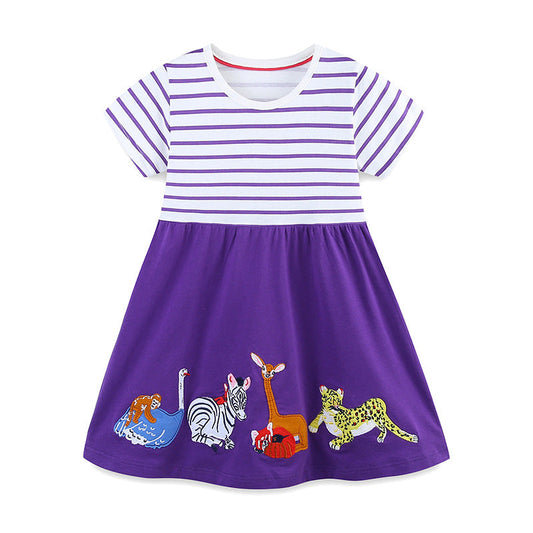 Summer Arrival Colorful Animals Pattern Short Sleeves Striped Dress for Stylish Girls
