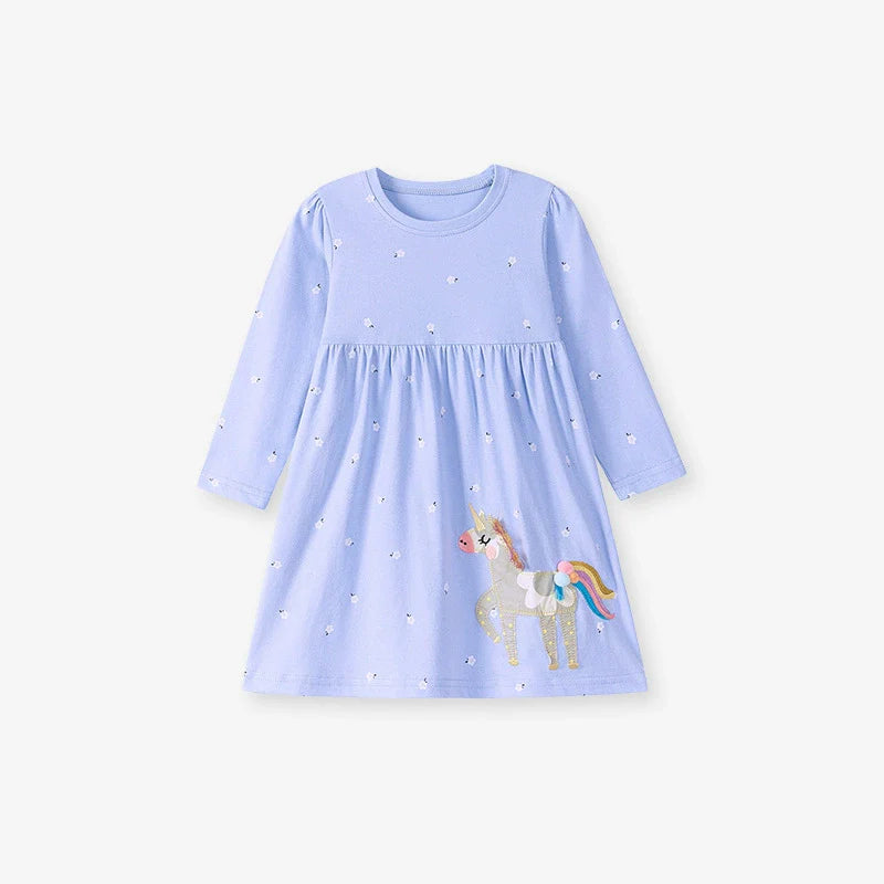 Autumn Arrival Cartoon Horse and Flowers Pattern Long Sleeves Crew Neck Dress for Stylish Girls