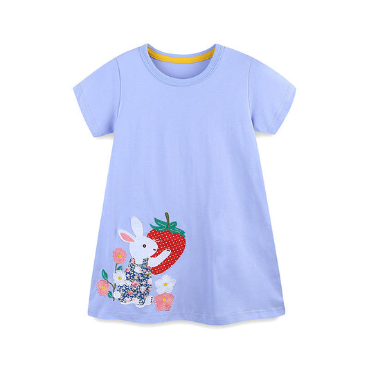 Summer Arrival Rabbit and Strawberry Cartoon Pattern Short Sleeves Dress for Stylish Girls