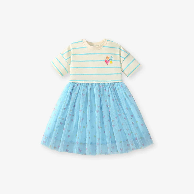 Summer Arrival Colorful Heart Pattern Short Sleeves Striped Dress for Stylish Girls