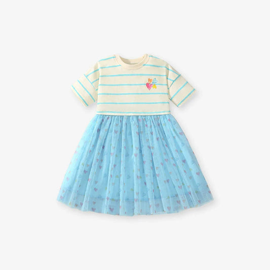 Summer Arrival Colorful Heart Pattern Short Sleeves Striped Dress for Stylish Girls
