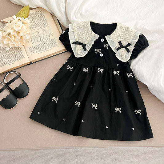 Design Summer Baby Kids Girls Floral Pattern Collar Short Sleeves Bows Embroidery Onesies And Girls’ Dress – Princess Sister Matching Set