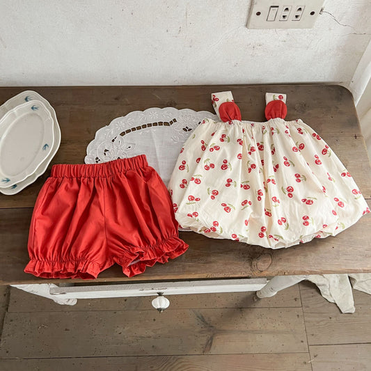 Summer Baby Kids Girls Comfortable Cherry Pattern Strap Top And Solid Shorts Clothing Set