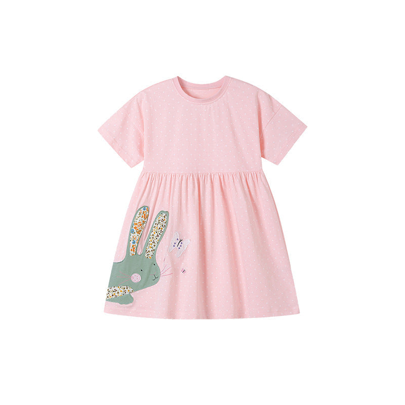 Summer Arrival Rabbit Cartoon Pattern Short Sleeves Dress for Stylish Girls