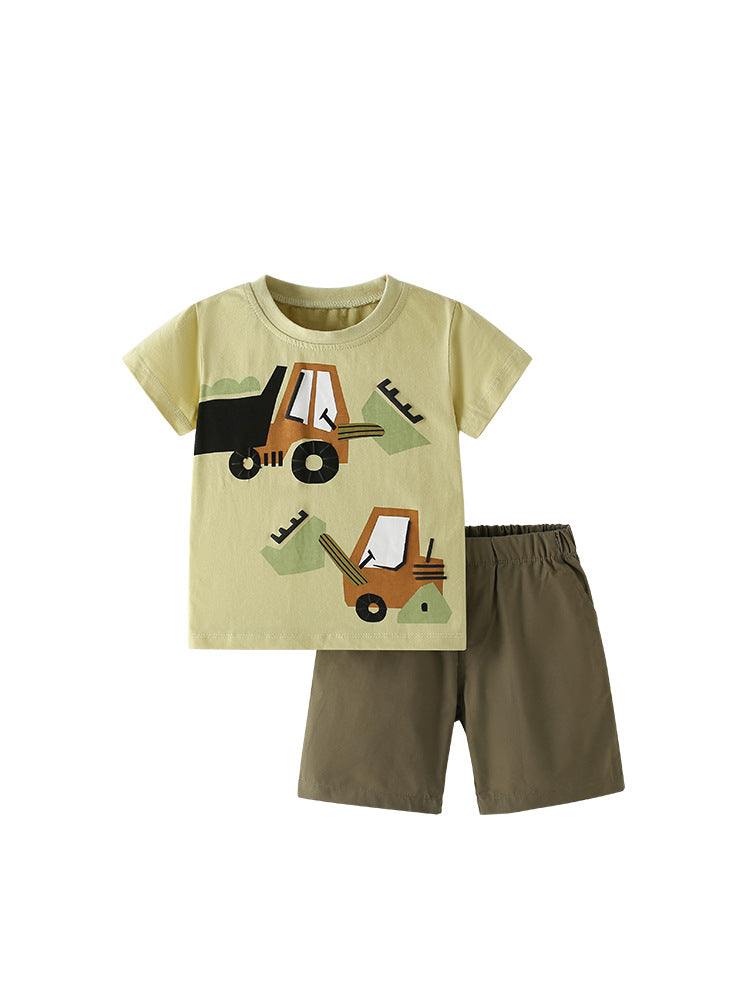 Summer Baby Kids Casual Excavator Cartoon Pattern T-shirt and Shorts Clothing Set for Boys