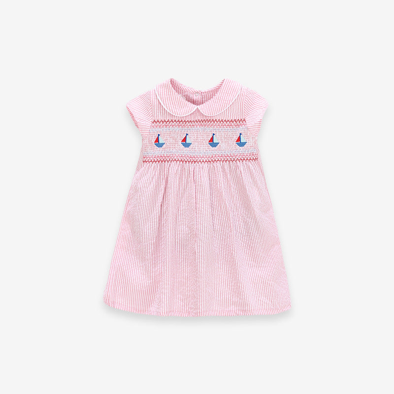 Summer Baby Girls Sleeveless Sailboat Pattern Striped Dress
