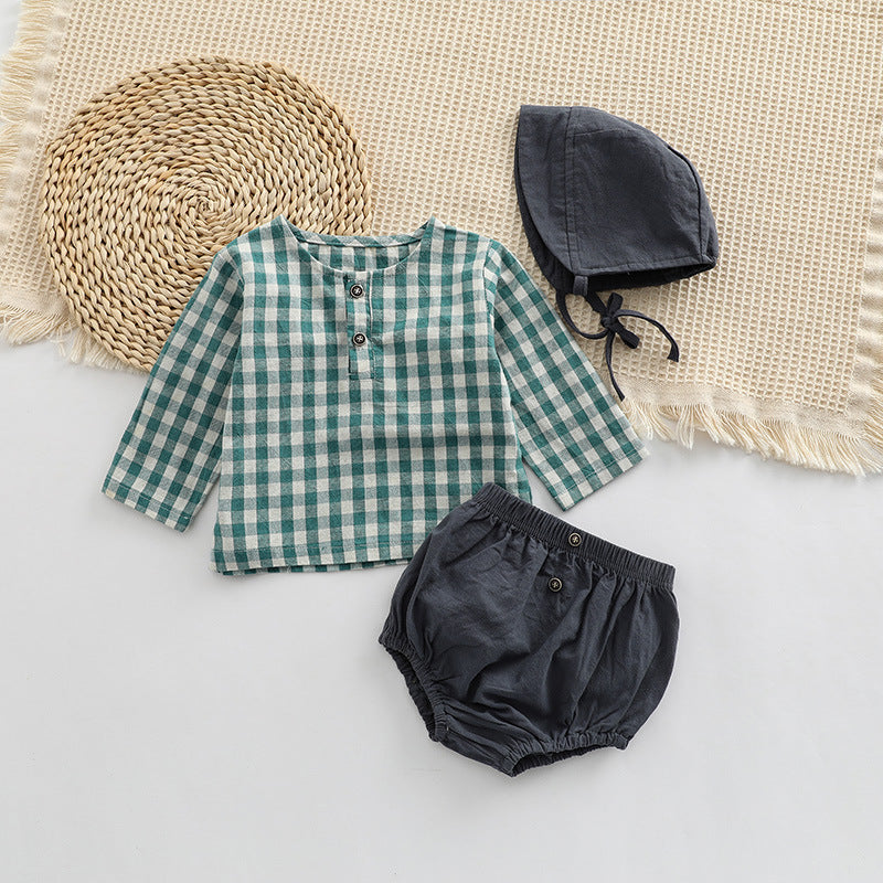 Baby Plaid Graphic Tops And Solid Shorts With Hat One Pieces Sets