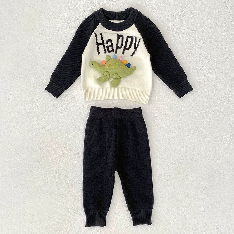 Arrival Autumn Baby Unisex Long Sleeves Color Patchwork Letters and Cartoon Pattern Knitted Top Sweater and Long Trousers Clothing Set