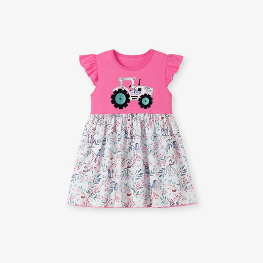 Summer Arrival Floral Pattern Short Sleeves Color Patchwork Dress for Stylish Girls