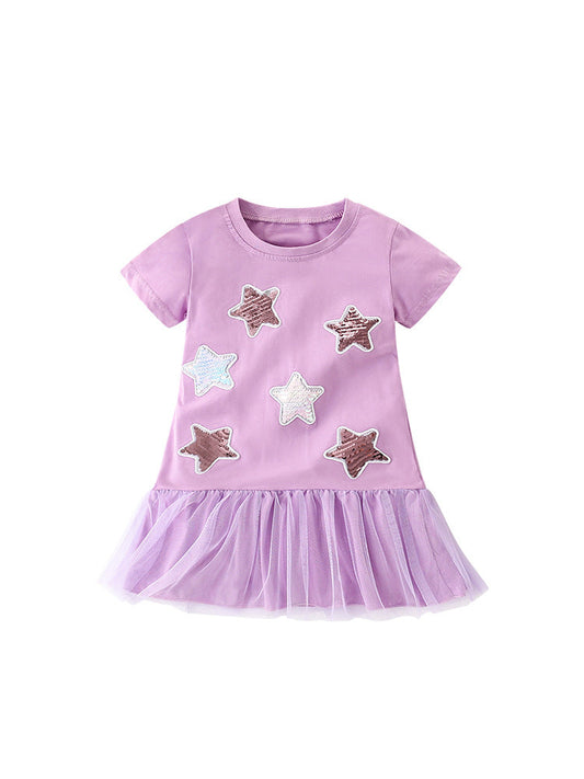 Summer Arrival Girls’ Sequin Star Pattern Short Sleeves T-Shirt Patchwork Dress