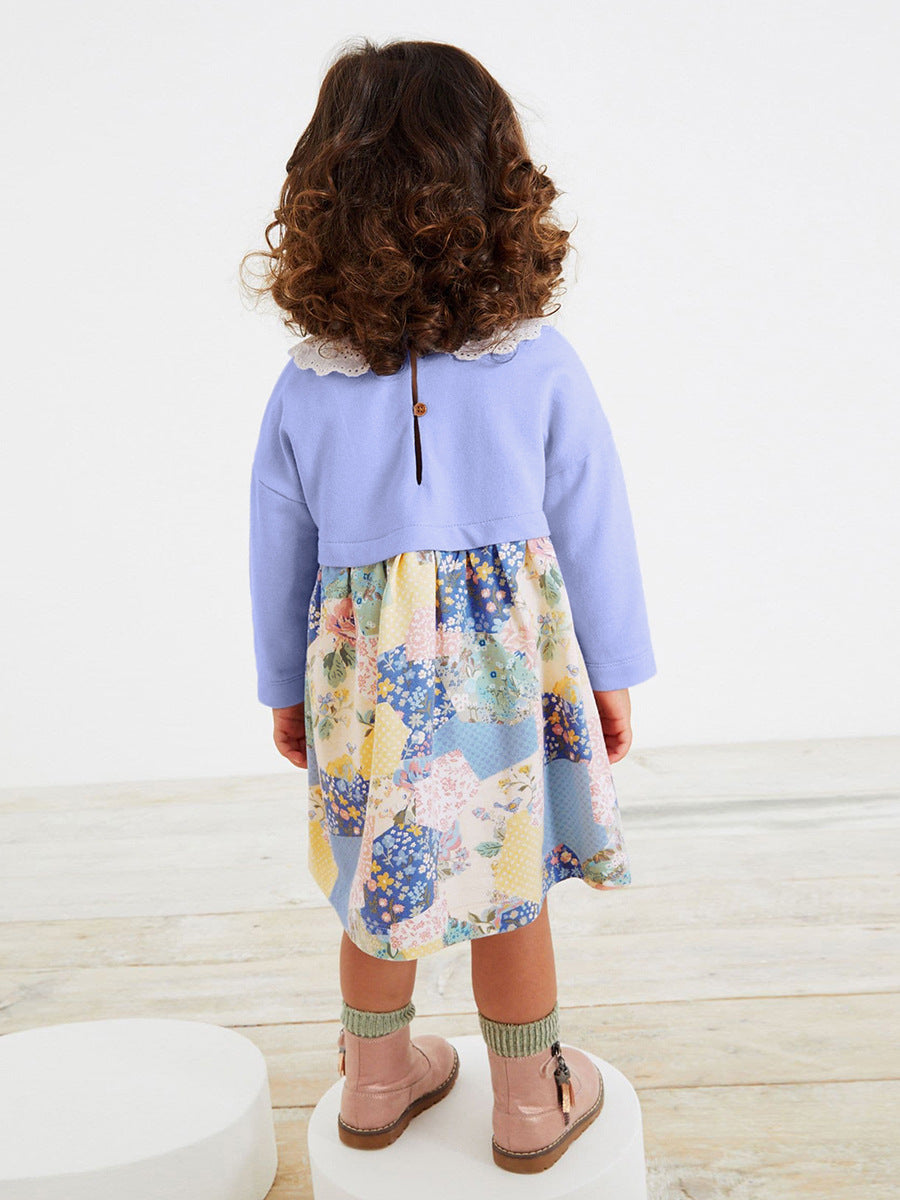 Spring Baby Grils Kids Long Sleeve Cartoon Patchwork Design Dress