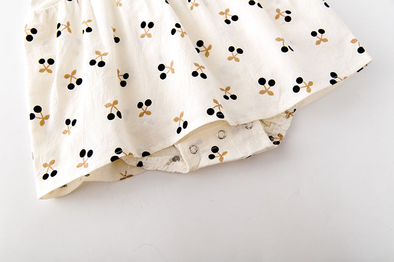 Baby Girls Cherry Print Doll Collar Design Neck Buttoned Puff-Sleeved Dress Onesies