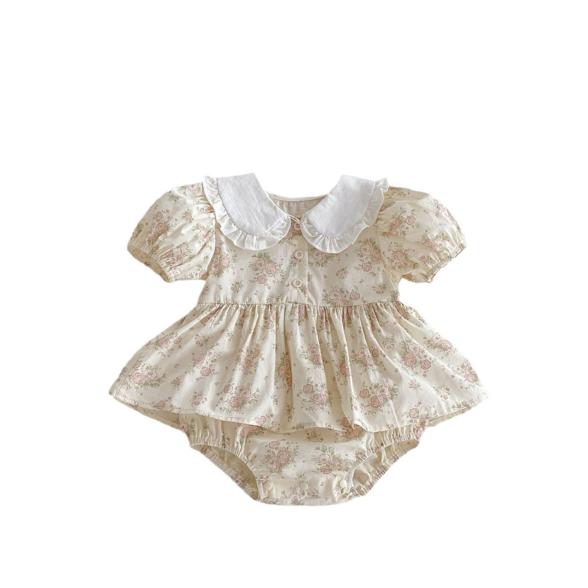 Summer Arrival Baby Girls Short Sleeves Flowers Pattern Peter Pan Collar Onesies Dress