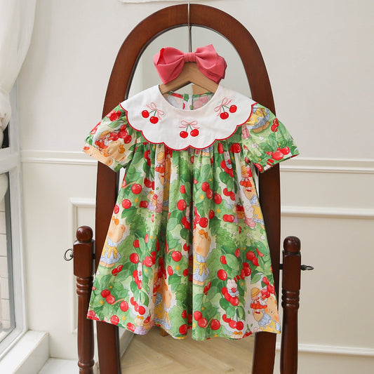 Design Summer Kids Girls Cartoon Oil Painting Print Short Sleeves Embroidered Collar Dress