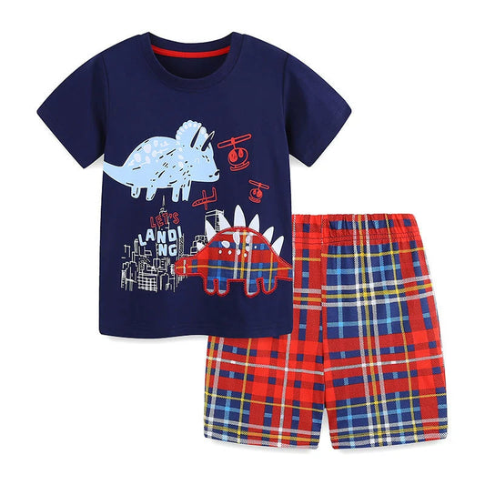 Summer Baby Kids Cartoon Animals Pattern T-shirt and Shorts Color Patchwork Clothing Set for Boys