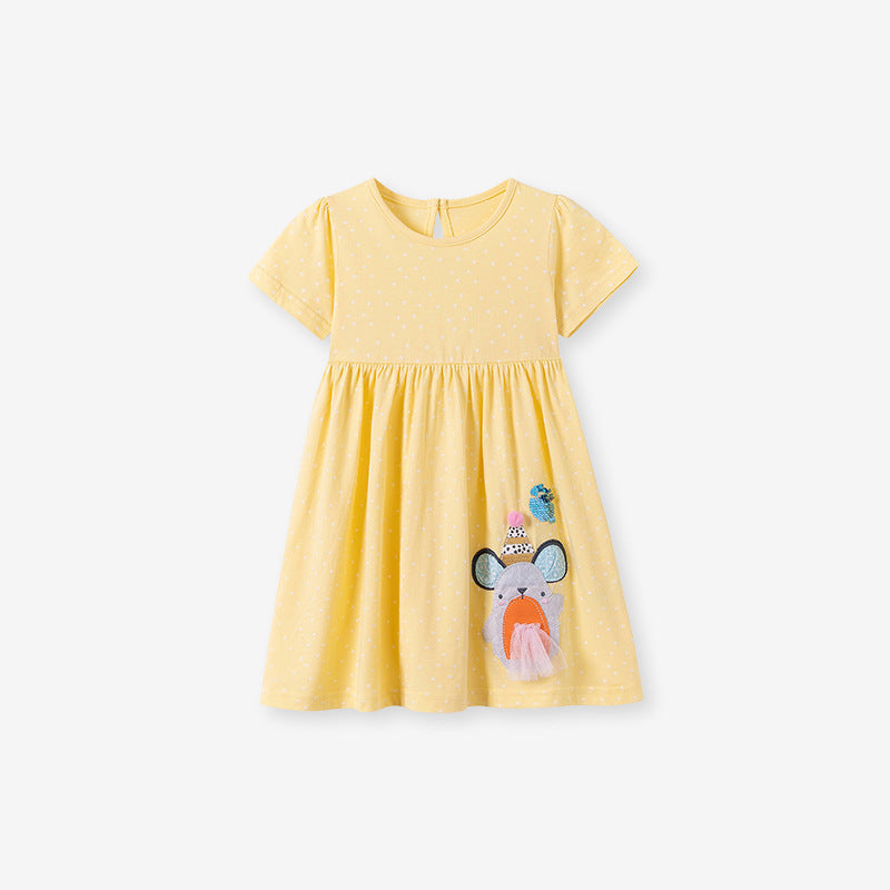 Summer Arrival Animals Cartoon Pattern Short Sleeves Dress for Stylish Girls