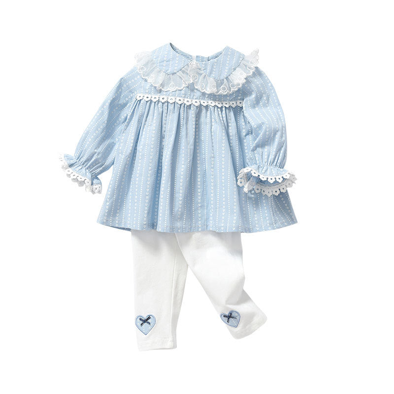 Baby Girl Heart Pattern Ruffle Doll Neck Shirt Combo Embroidered Pants Sets