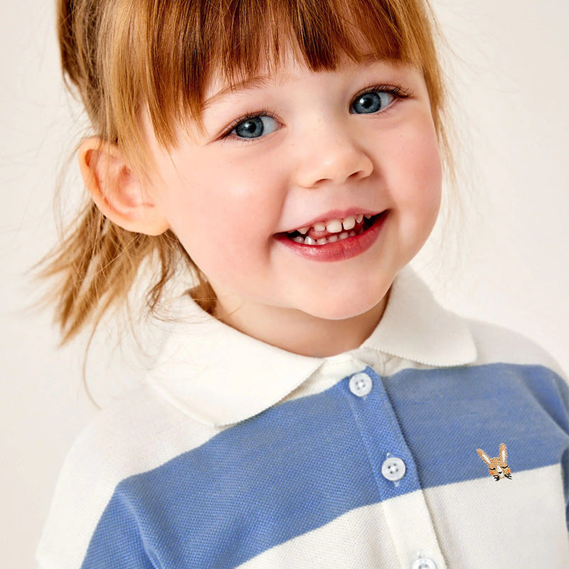 Baby Girl Striped Pattern Polo Neck Shirt With Skirt Sets In Summer