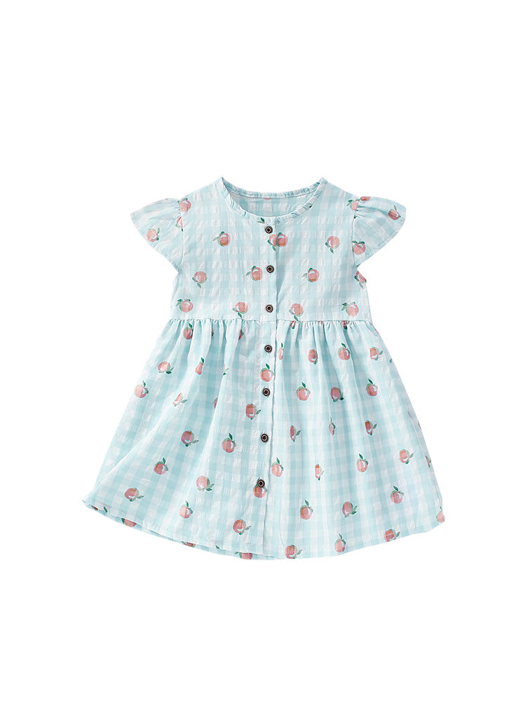 Summer Arrival Fruits Pattern Fly Sleeves Single Breasted Plaid Dress for Stylish Girls