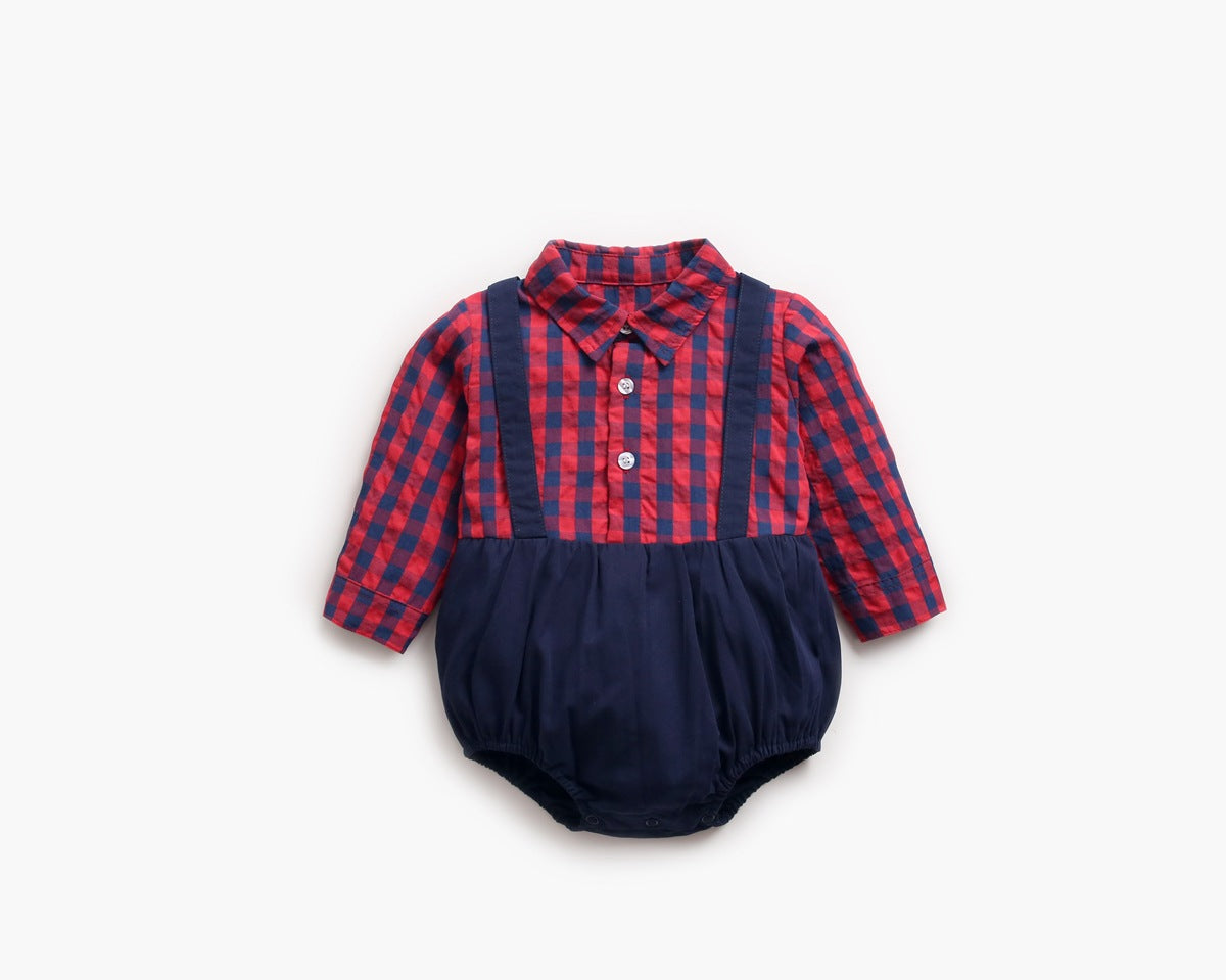 Baby Boy Plaid Pattern False One Pieces Design Lapel Bodysuit Onesies