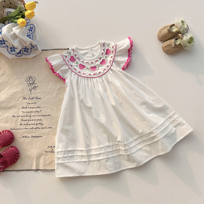 Summer Baby Kids Girls Fly Sleeves Heart Pattern Embroidered Dress