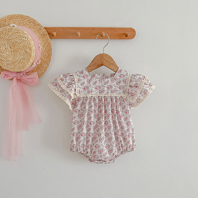 Summer Baby Girls Short Sleeves Square Neck Floral Pattern Dress And Onesie – Princess Sister Matching Set