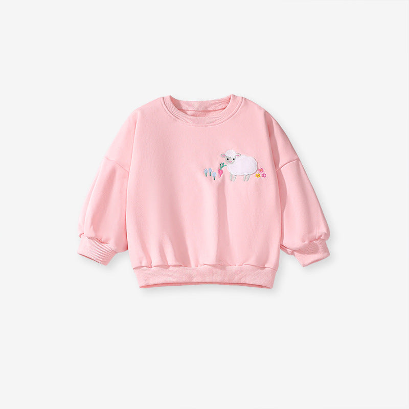 Spring And Autumn Girls Cute Sheep Cartoon Pattern Long Sleeves Top Sweatshirt And Pants Clothing Set